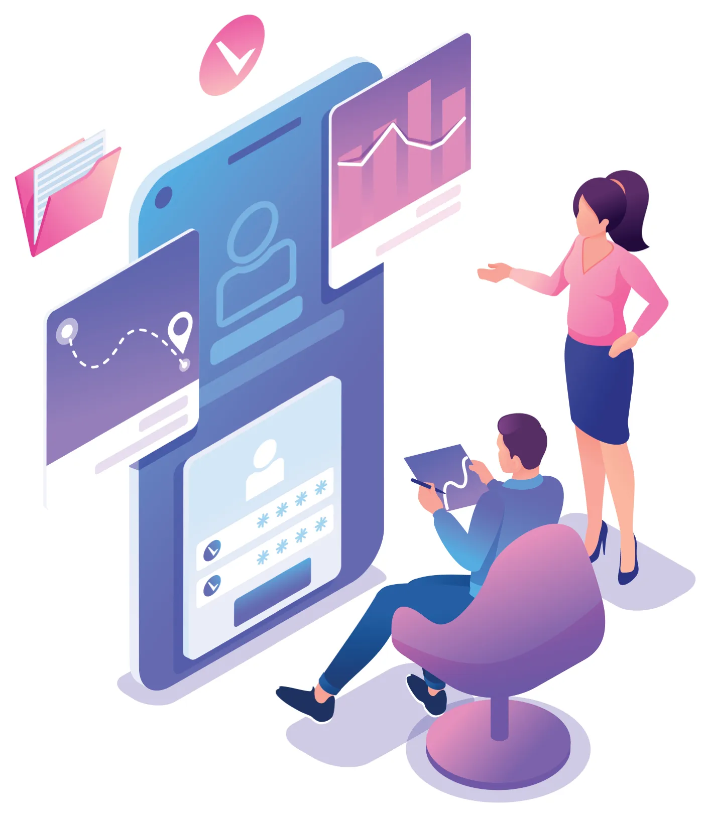 a man and a woman watch voting stastistical voting graphics and results in a big smartphone screen