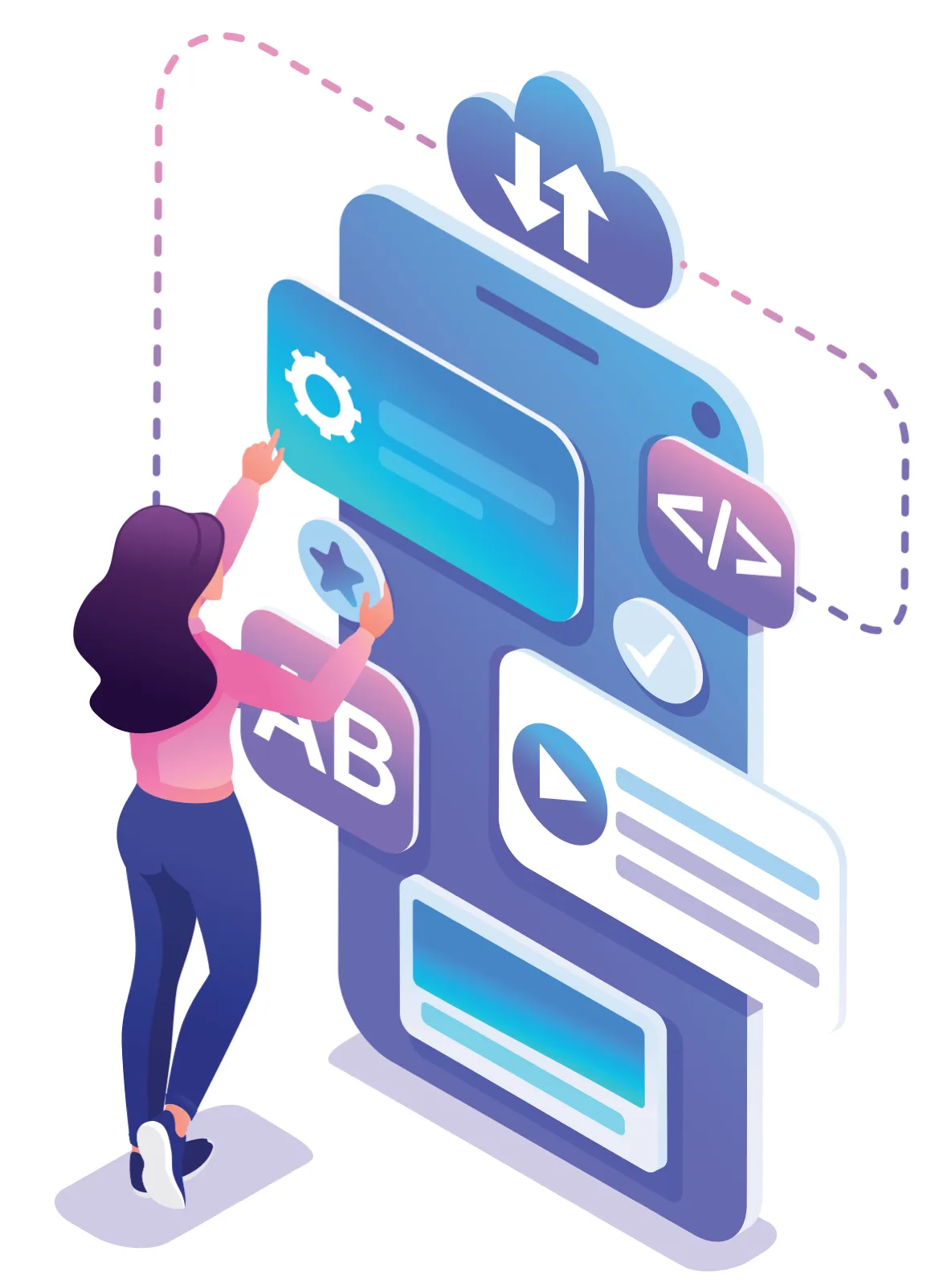 intro image showing a happy young girl with many web or mobile application components